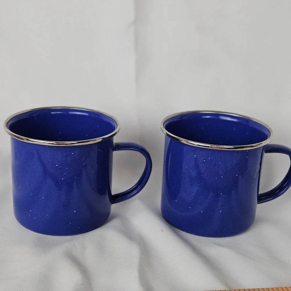 2 Enamelware Coffee Water Cup Blue Speckled 3-1/4